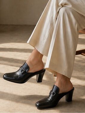 MADELINE STUART Mule Heels Loafer Mules Black Horsebit Slip On Shoes 10W Wide
